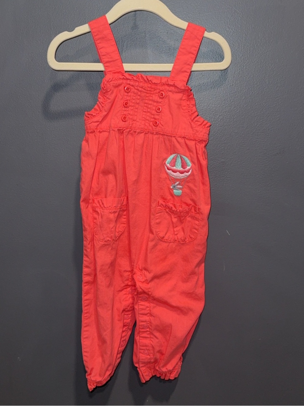 Gymboree Coral Baby Girl Overalls w Hot Air Balloon Embroidery 18M
